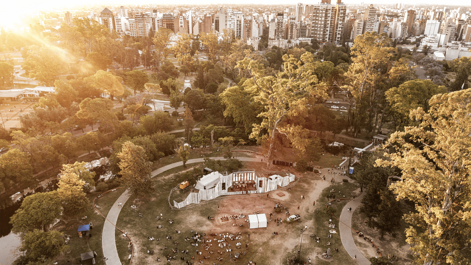 Birds eye view of outdoor festival in the city, park, greenland