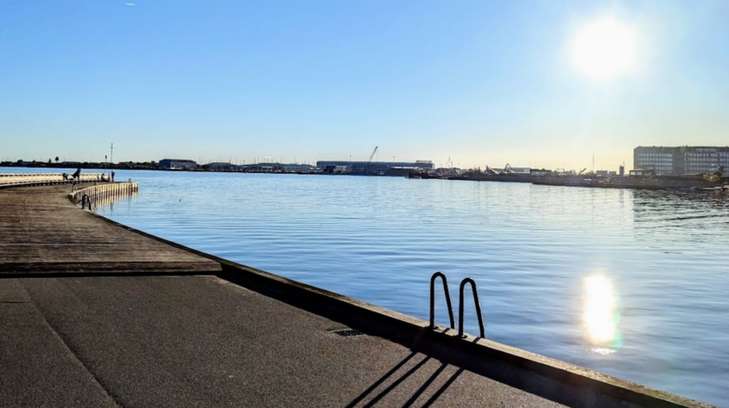 Looking out over open water within an urban setting.
