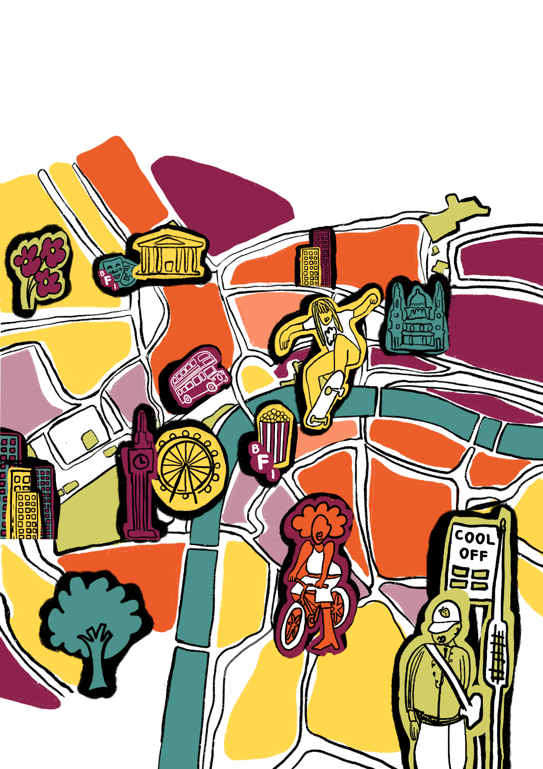 Colourful cartoon graphic map with different icons of cultural signposts, including a bike rider, skateboarder and other urban landmarks